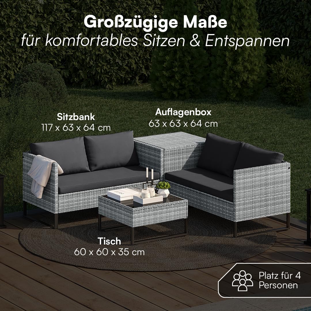 STEELSØN Alniyat Rattan Gartenmöbel Set 4-TLG. – Gartenlounge mit Bänken, Tisch & Auflagenbox – Sitzgruppe Outdoor grau/anthrazit Garten/Balkon/Terasse – Sitzgarnitur Set Metallgestell wetterfest