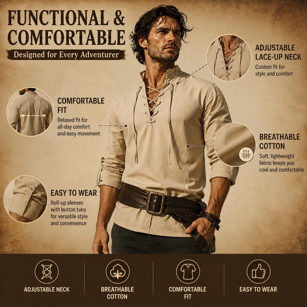 Men’s Medieval Renaissance Shirt Cotton Long Sleeve Lace Up Viking Pirate Costume Halloween Cosplay Retro Gothic Top