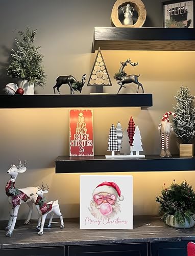 Miniatura 5 de Letrero de madera de Papá Noel rosa de moda, decoración de escritorio de Navidad rosa, divertidos letreros de madera retro de Navidad para el hogar,