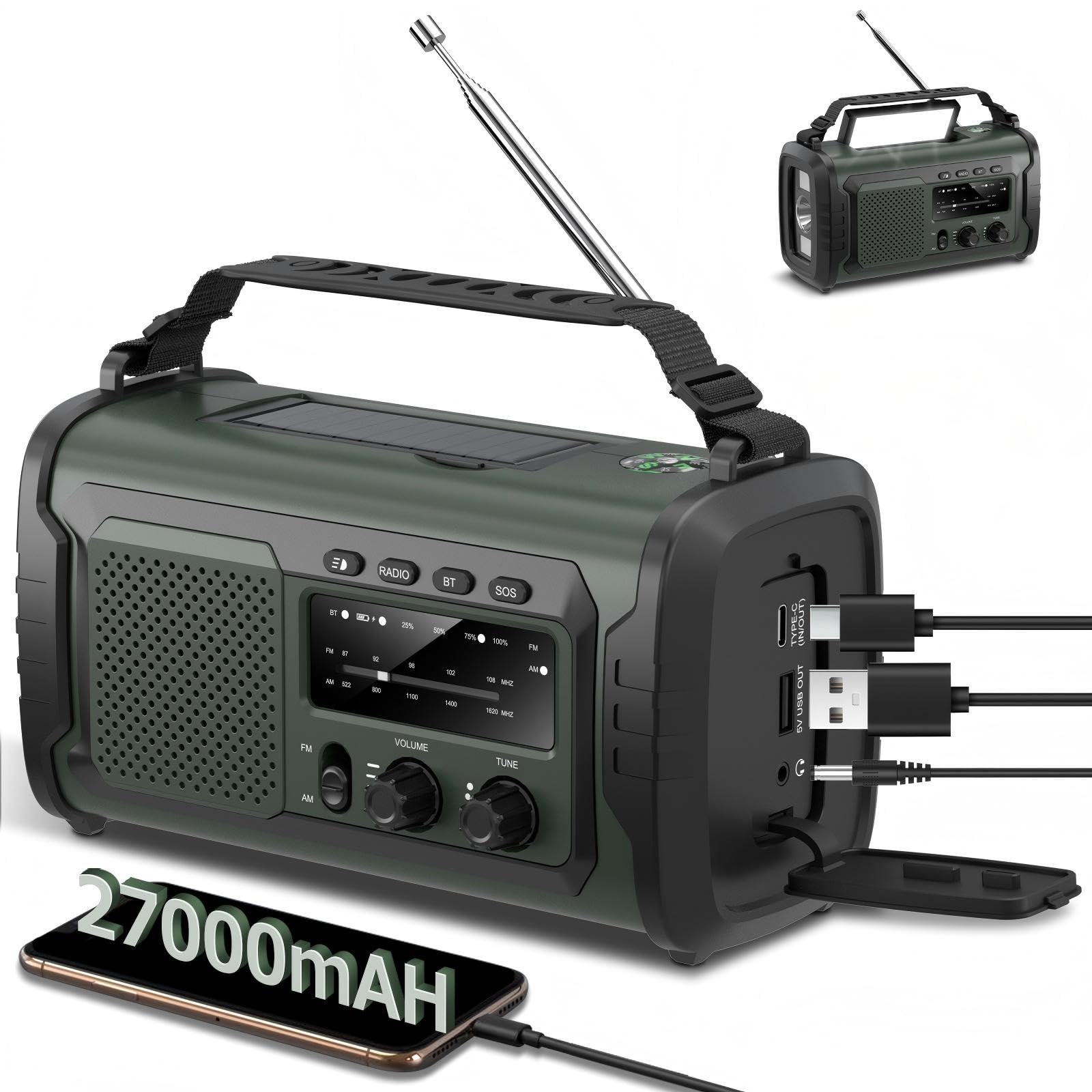 Radio de Emergencia 27000mAh con Manivela y Solar, Am/FM Emergency Radio con Alarma SOS, Altavoz Bluetooth, Power Bank y Linterna LED, para Camping, Exterior y Hogar (Verde 27000mAh)