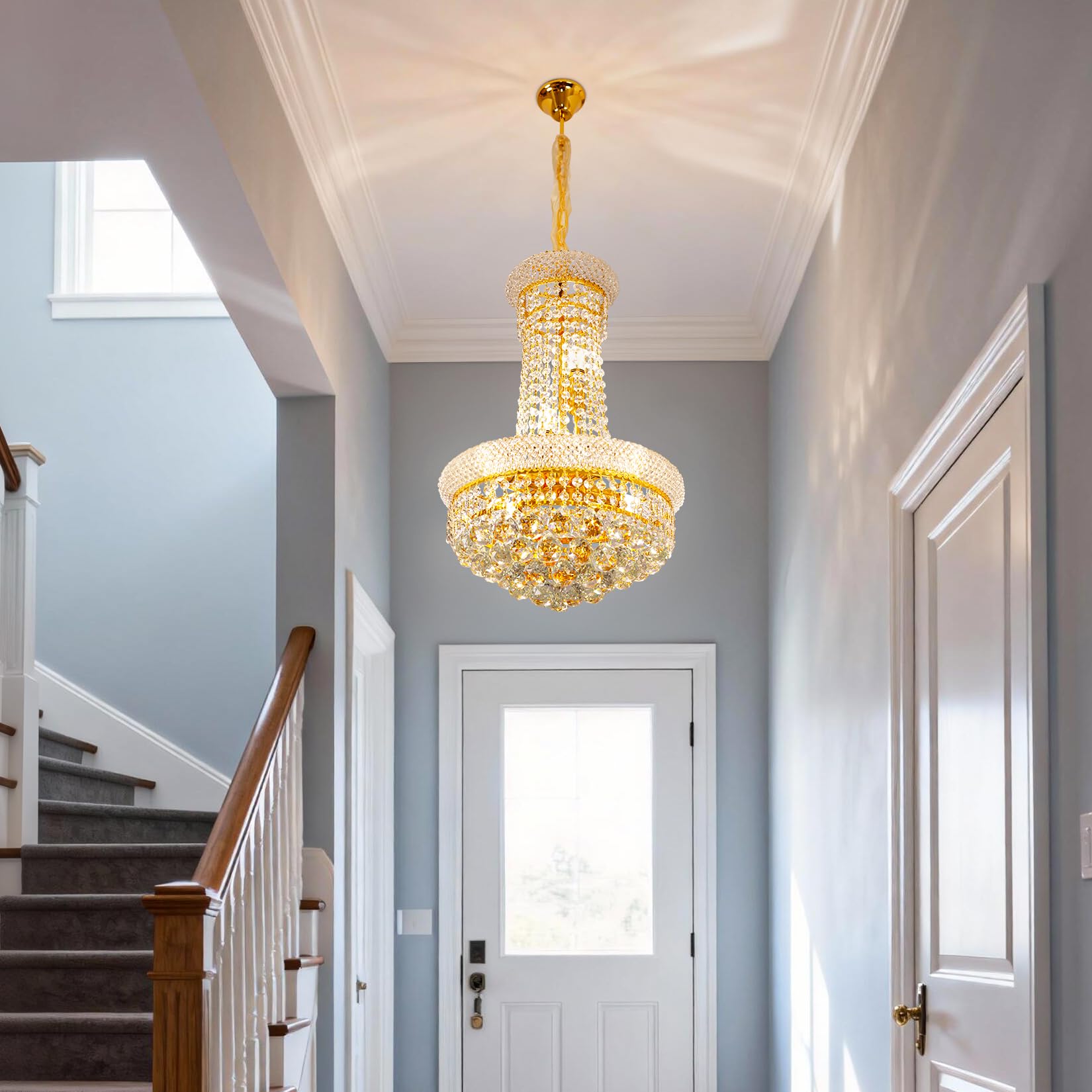 Kristall Kronleuchter Gold 6-Light Ø40cm: Pendelleuchte Vintage Korb Lüster Deckenleuchte mit 6 x E14 Lampen, 3 wählbare Farbtemperaturen & höhenverstellbar für Flur, Kücheninsel