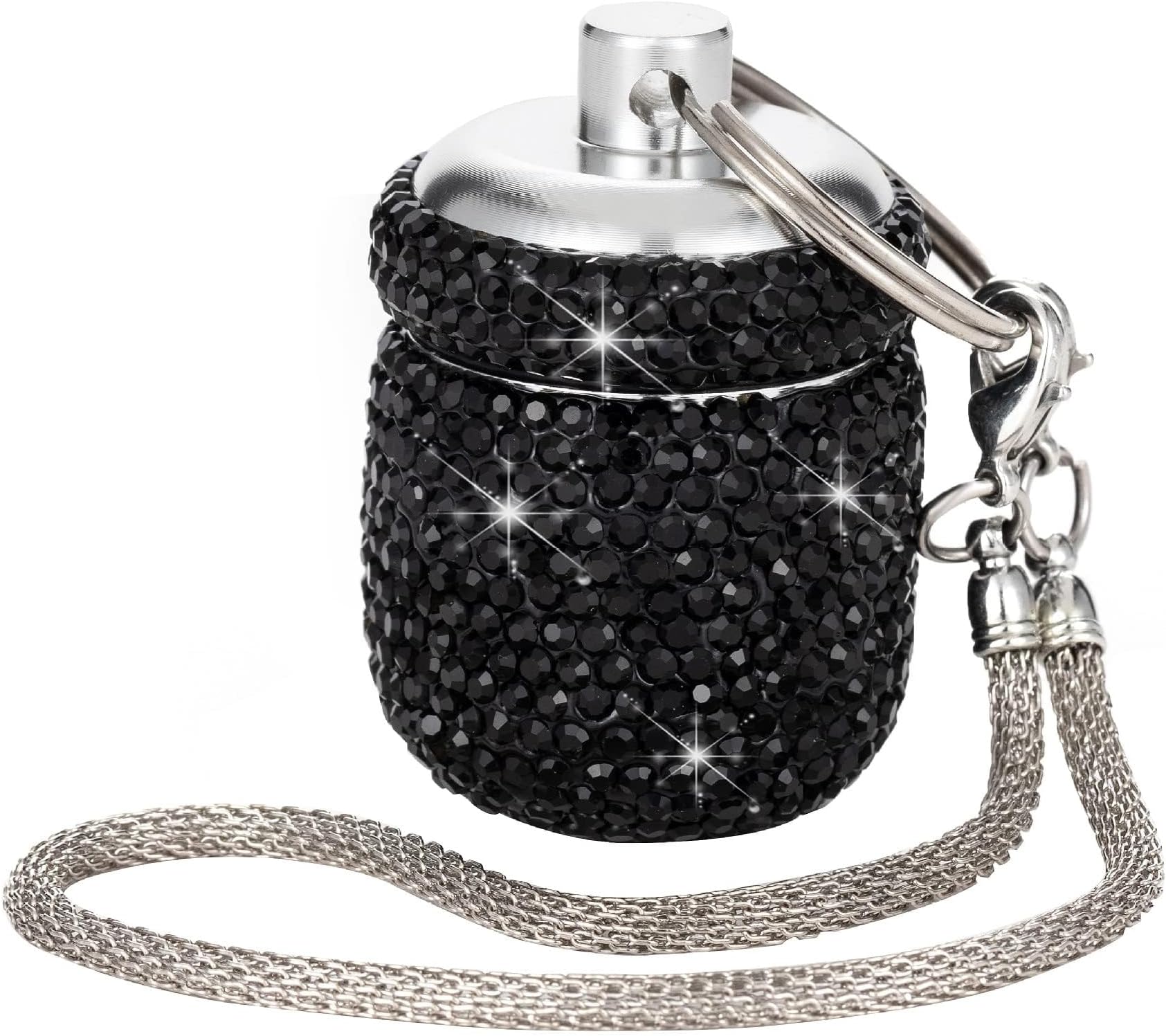 Bling Pill Organizer Travel Small Pill Case Keychain Waterproof Pill Box for Purse Portable Medicine Bottle Holder with Key Chain for Vitamin Supplement(Black)