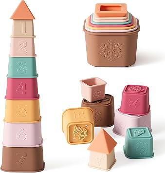 Baby Stacking Cups Toy, Silicone Stacking Tower Educational Baby Toys 6M+, Soft Teething Building Blocks 8 Pcs, BPA Free Sensory Infant Toy, Bath & Beach Toys, Vintage Neutral Colors-Vintage