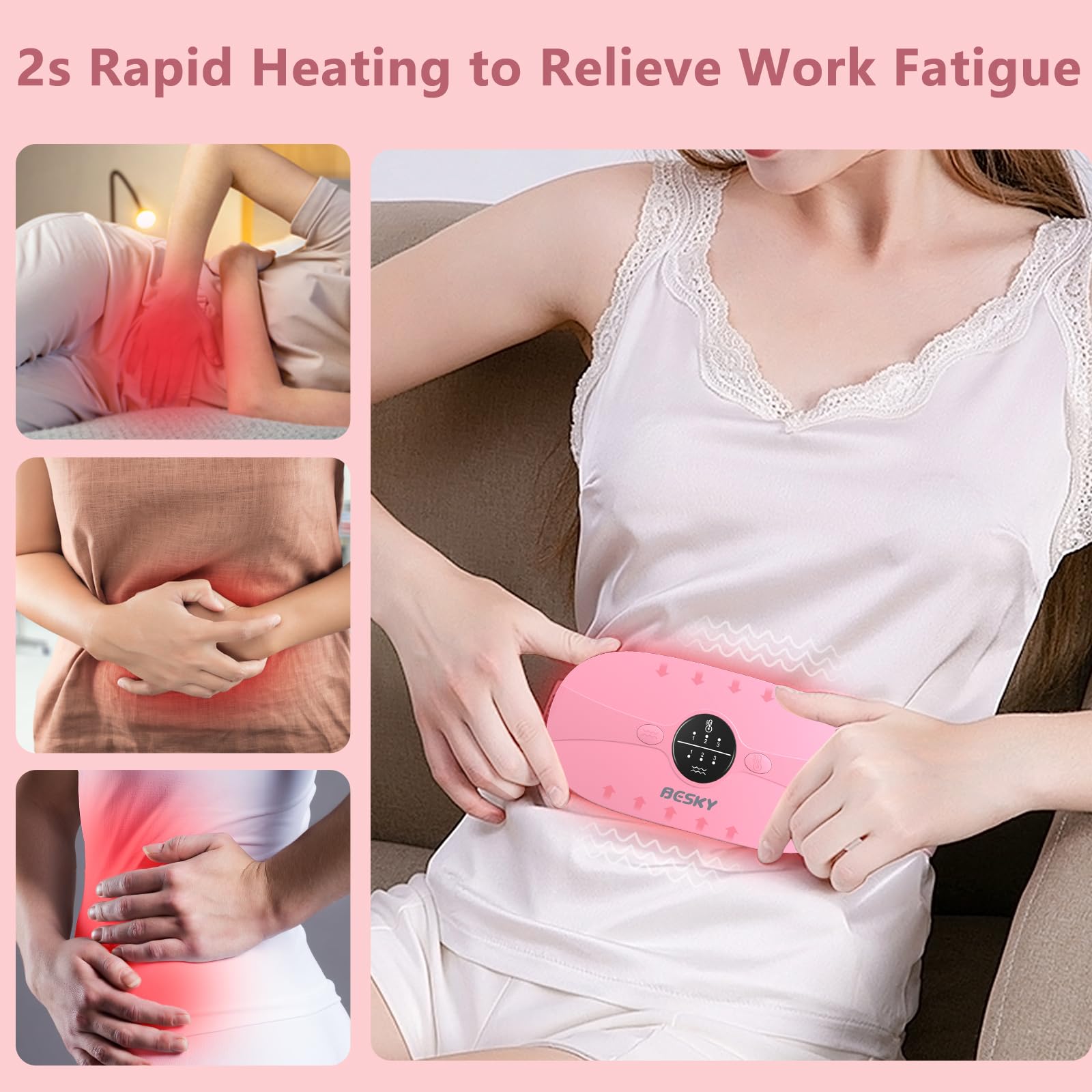 Besky Almohadilla térmica para calambres menstruales, almohadilla térmica menstrual inalámbrica, almohadillas térmicas con 3 niveles de calor y 3 modos de masaje, para aliviar el dolor de espalda o