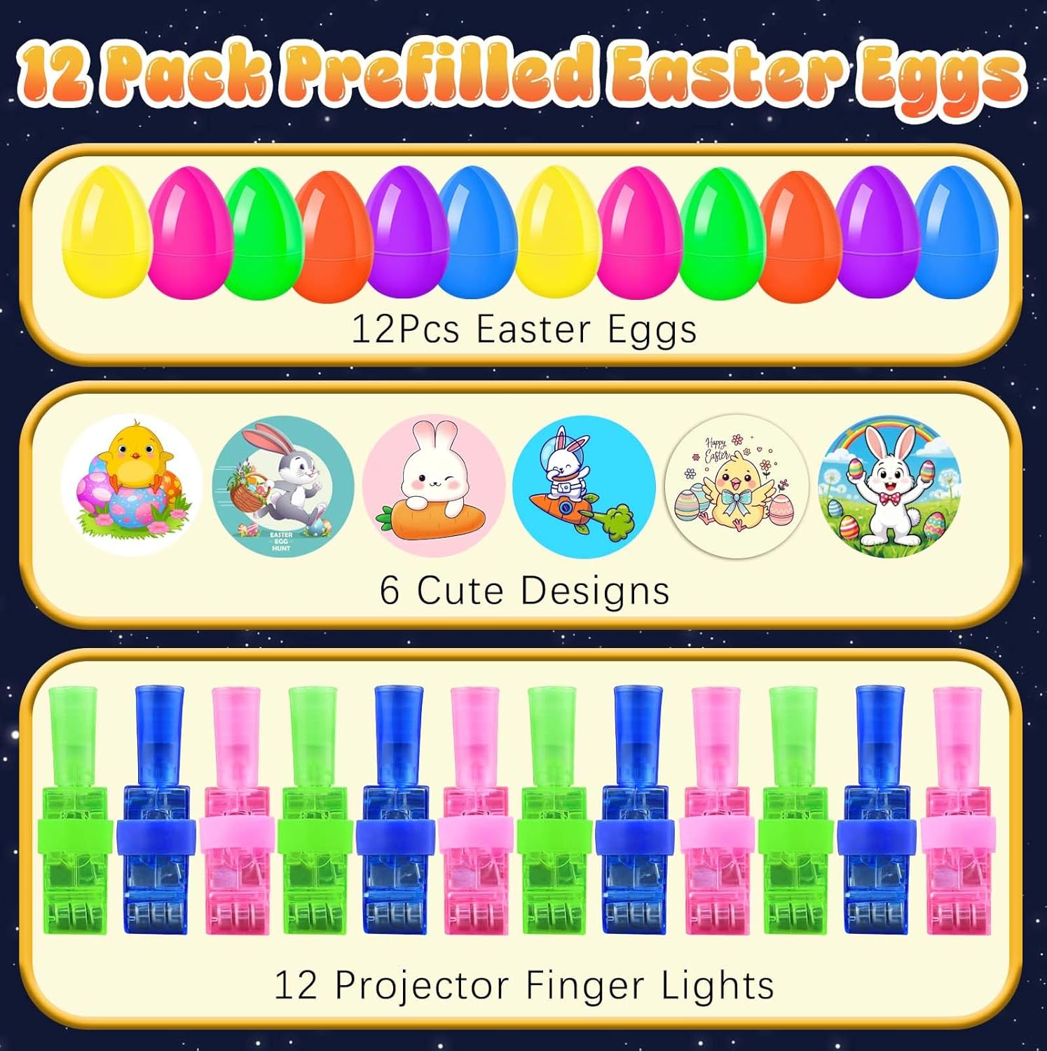 Easter Eggs Fillers, 12Pack Prefilled Easter Eggs with Finger Lights Toys, Easter Basket Stuffers for Kids Teens Boys Girls, Grow in The Dark, Classroom Treasure Box, Party Favors for Egg Hunt