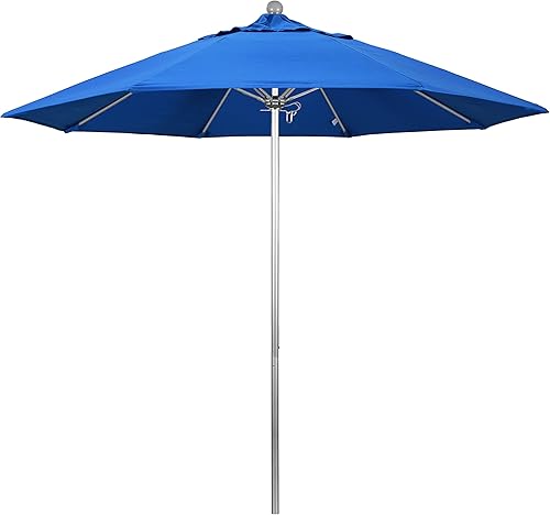 California Umbrella Paraguas redondo de aluminiofibra de vidrio de 9', empuje abierto, poste de plata, tela azul real de olefina
