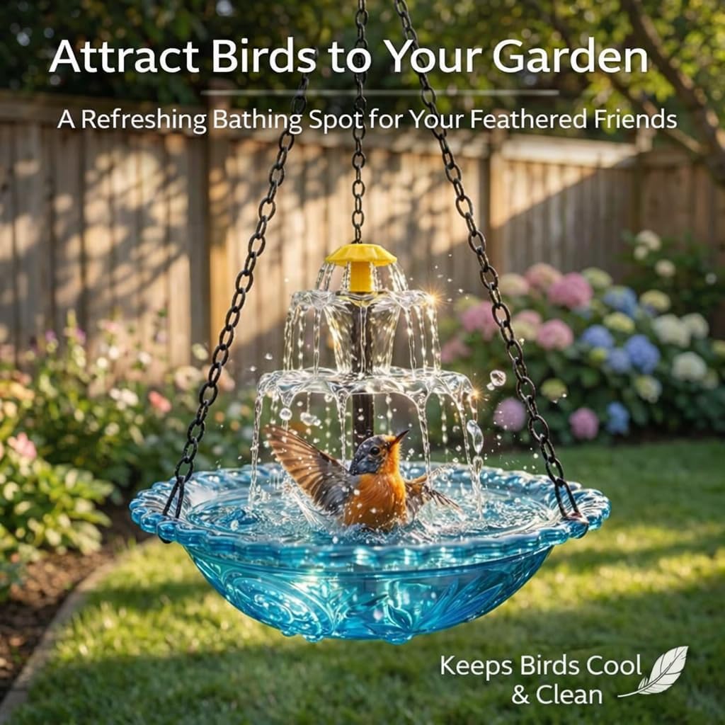 Solar Hanging Bird Bath Fountain, Solar Powered Cascading Water Fountain for Bird Bath, Outdoor Hanging Solar Fountain for Garden Patio Yard, Decorative Bird Bath with Flowing Water Feature (Blue)