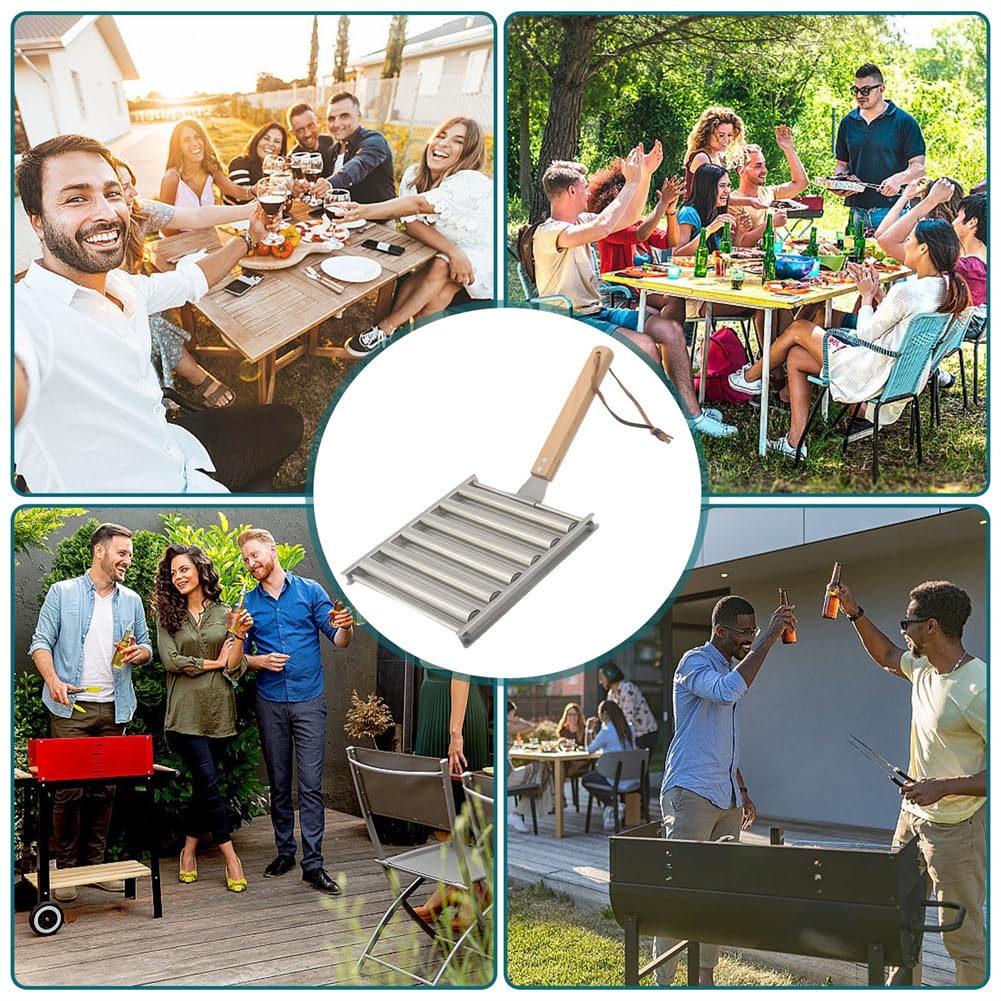 Hot Dog Roller for Grill, Stainless Steel Hot Dog Roller, Outdoor Camping BBQ Griller Roller, Evenly Cooked Hot Dogs, with 4pcs Fork for Family Gatherings, Barbecue Parties (2L+8Fork)
