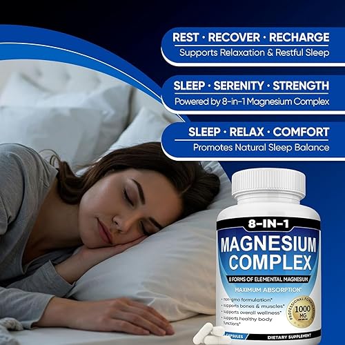 Miniatura 3 de Complejo de magnesio 8 en 1, 1000 mg, 180 cápsulas vegetales, fórmula de máxima absorción para dormir, apoyo muscular y óseo