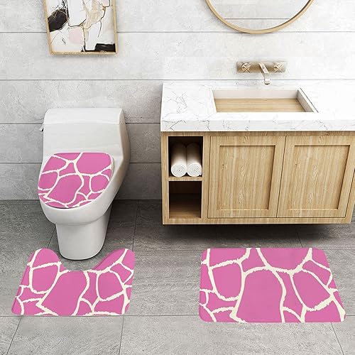Miniatura 3 de Evealyn Juego de 3 tapetes de baño antideslizantes con textura de jirafa rosa, juego de alfombras de baño absorbentes para baño, dormitorio, cocina