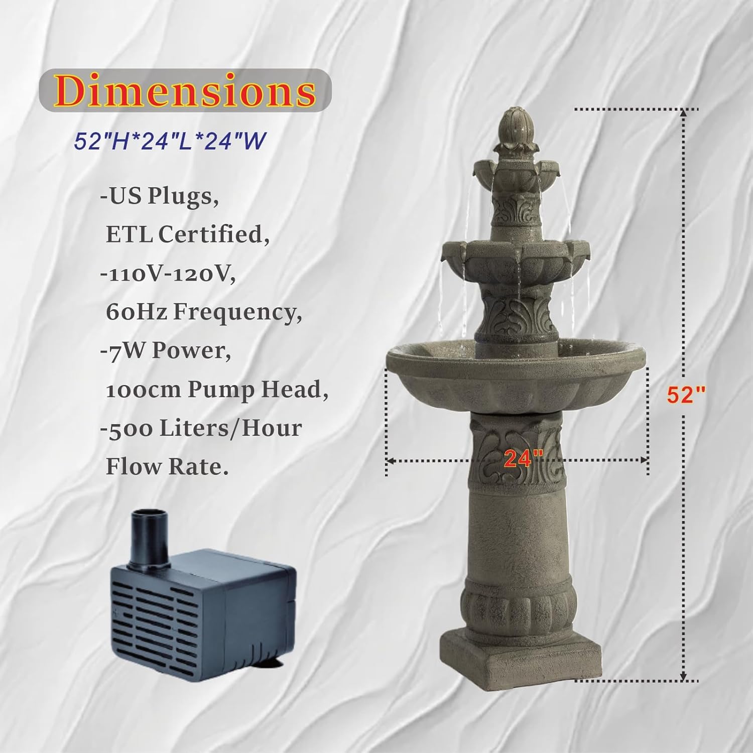 Amiva 52" Outdoor LED Water Fountain, 3-Tier Floor-Standing Cascading Fountain with Pump, Large Resin Waterfall for Garden, Patio, Yard & Home Décor.