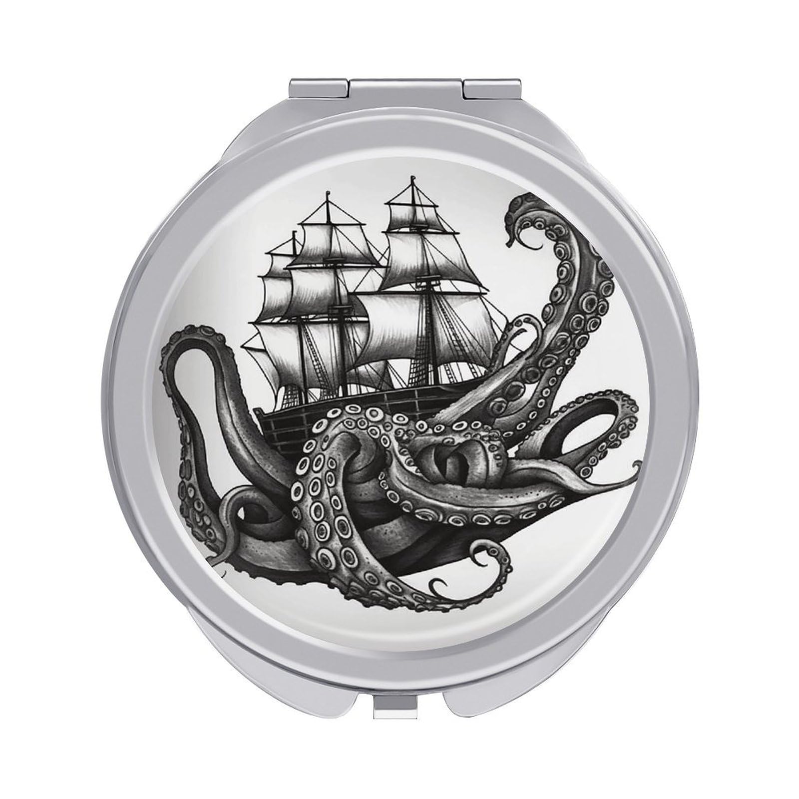 VstaDank Black and White Octopus and Ship Travel Makeup Mirror Cute Compact Mirror for Women 1X/2X Magnifying Metal Pocket Makeup Mirrors Folding Round Makeup Mirrors for Handbag Wallet & Gift