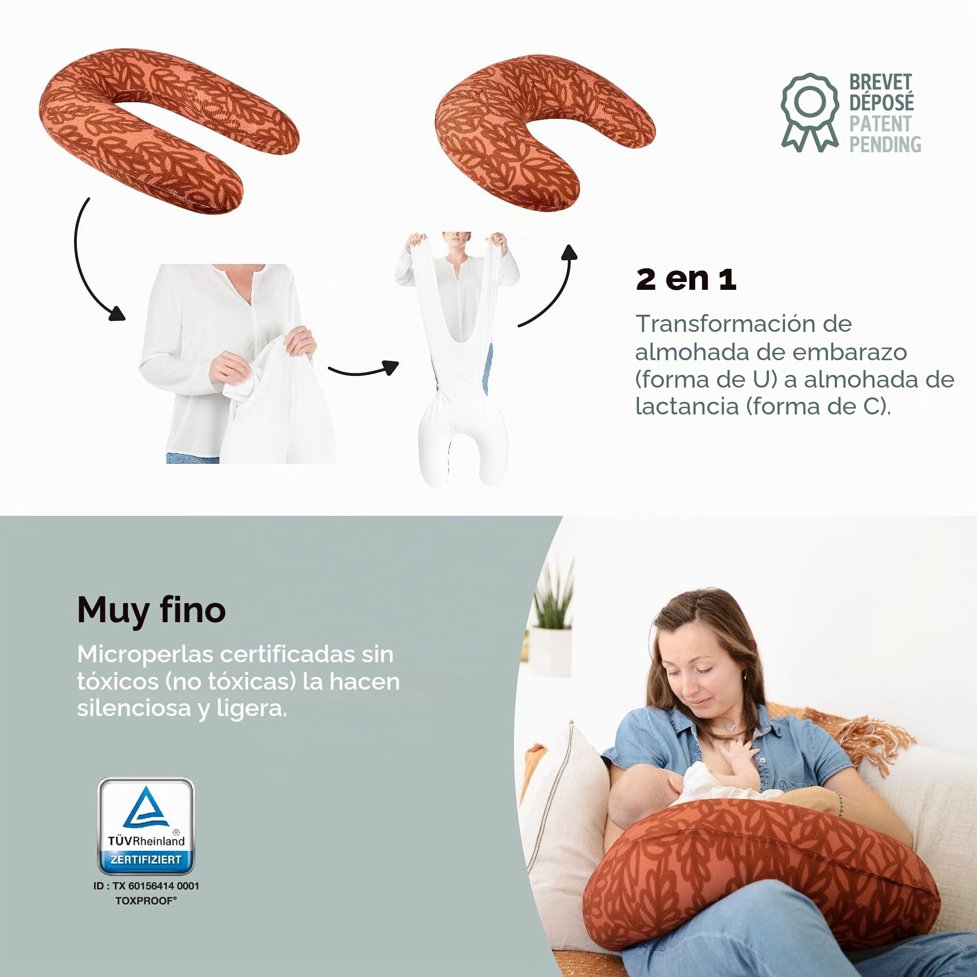 Babymoov B.Love - Almohada 2 en 1, la almohada orgánica original para embarazo y cojín de lactancia (certificado Oeko-TEX)
