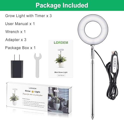 Miniatura 17 de LORDEM Luz de crecimiento, luz LED de espectro completo para plantas de interior, lámpara de crecimiento ajustable en altura con temporizador