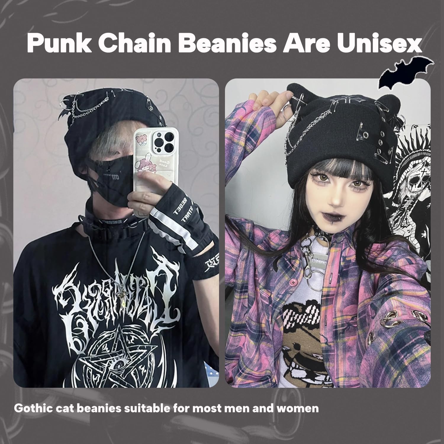 THESSNCE Goth Cat Beanie Goth Hat Accessories Punk Cat Ear Beanie Hat for Women Y2k Grunge Gothic Beanies Knitted Hat Streetwear Black