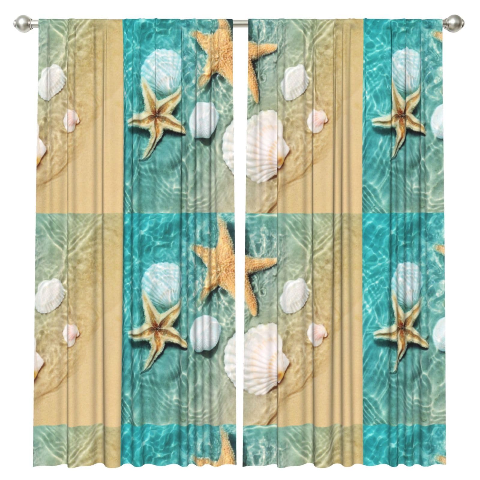 InOmak Starfish And Seashell Pattern, 2 Panels Window Curtains 52 x 84 Inch Blackout Curtains for Living Room Bedroom
