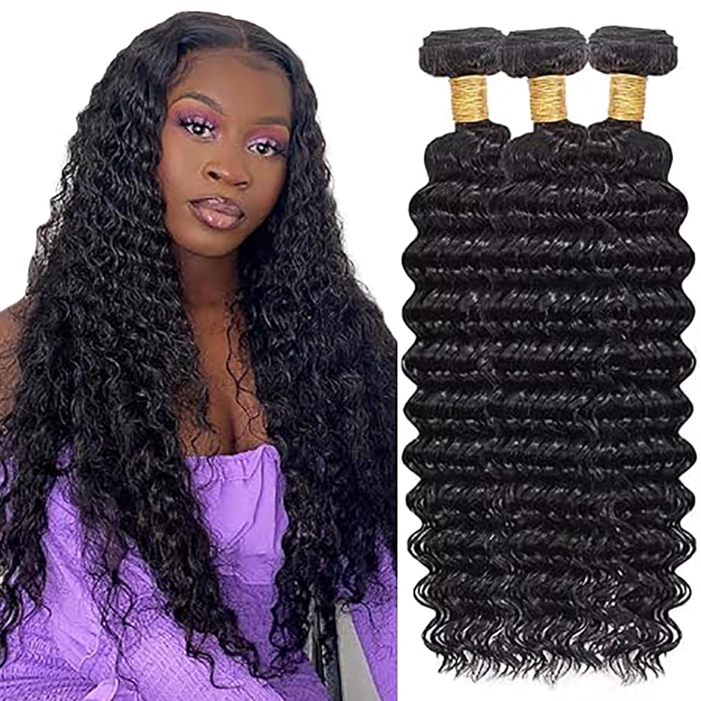 Human Hair Bundles Deep Wave Tissage Naturel Cheveux Humain Unprocessed Remy en lot Meches Weave Extensions Double Weft Color #1B Natural Black for Woman 30 32 34 Pouces