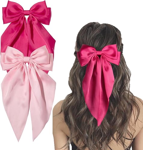 2pcs Large Bow Hair Clip for Women Girls,Satin Hair Bows with Long Tails,Alligator Clips Bow for Hair, Big Hair Bow Clips Barrettes, Bridal Bachelorette Party Hair Accessories (Hot pink)