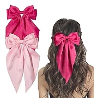 Vista 16 de Furling Pompoms Lazos para el cabello para mujer, lazos grandes de color rosa para niñas, cinta blanca para el cabello, colas largas de satén
