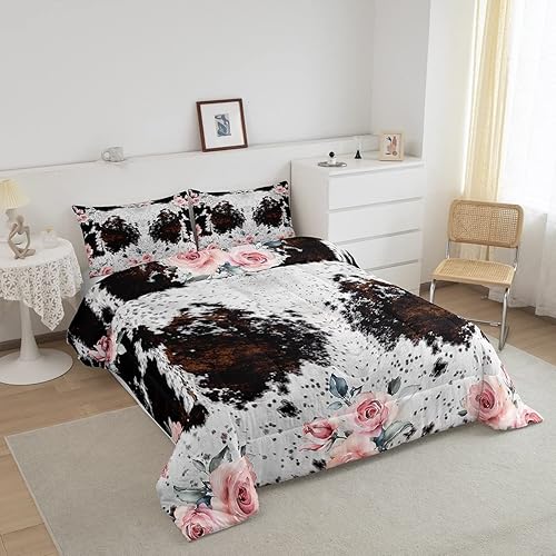 Miniatura 2 de Juego de edredón con patrón de piel de vaca, decoración rústica, tamaño matrimonial, juego de ropa de cama de piel de vaca de las tierras altas de