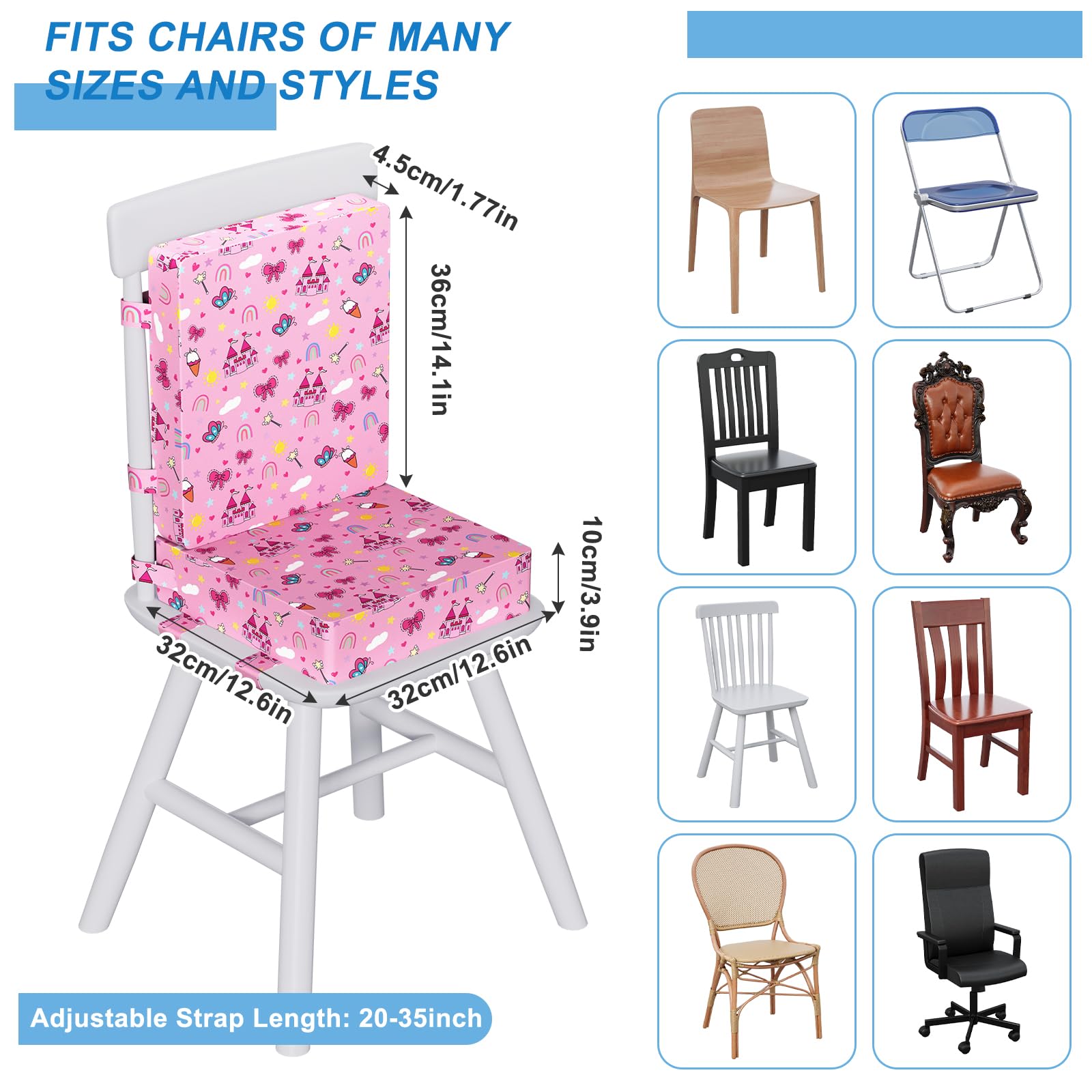 Capslpad Coussin rehausseur pour table à manger avec dossier, fond antidérapant et ceinture de sécurité réglable, imperméable, 10 cm d'épaisseur, motif dessin animé, amovible, lavable, portable - Rose
