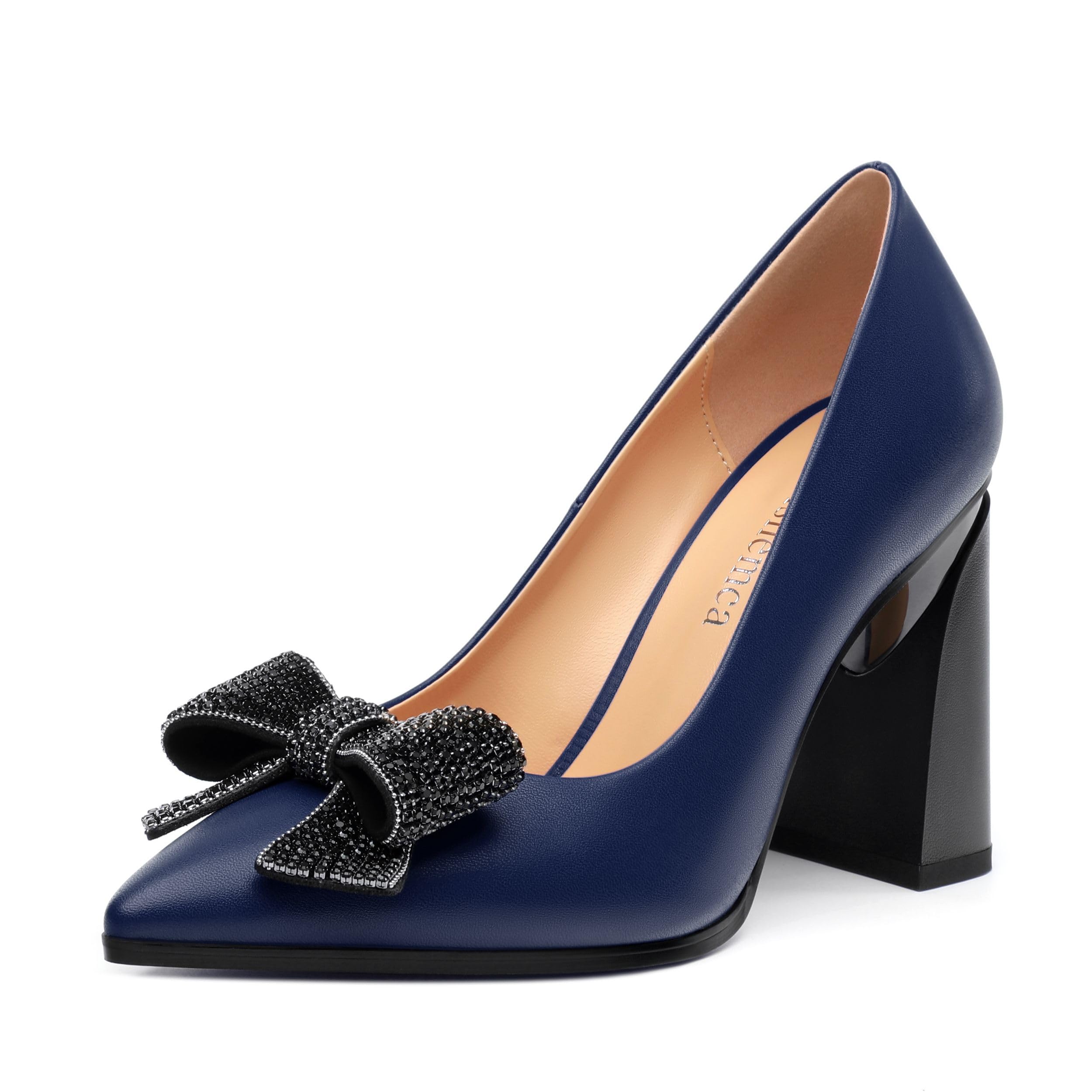 Heisnemca Womens Chunky Block High Heels Patent Closed Pointed Toe Bow Pumps Slip on Heels Wedding Party Dress Shoes 3.5IN