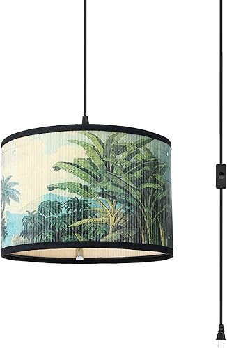 Bioaqua Pantalla de lámpara de bambú, luces colgantes con cable de enchufe (15 pies), lámpara colgante colgante con patrón, luces colgantes bohemias