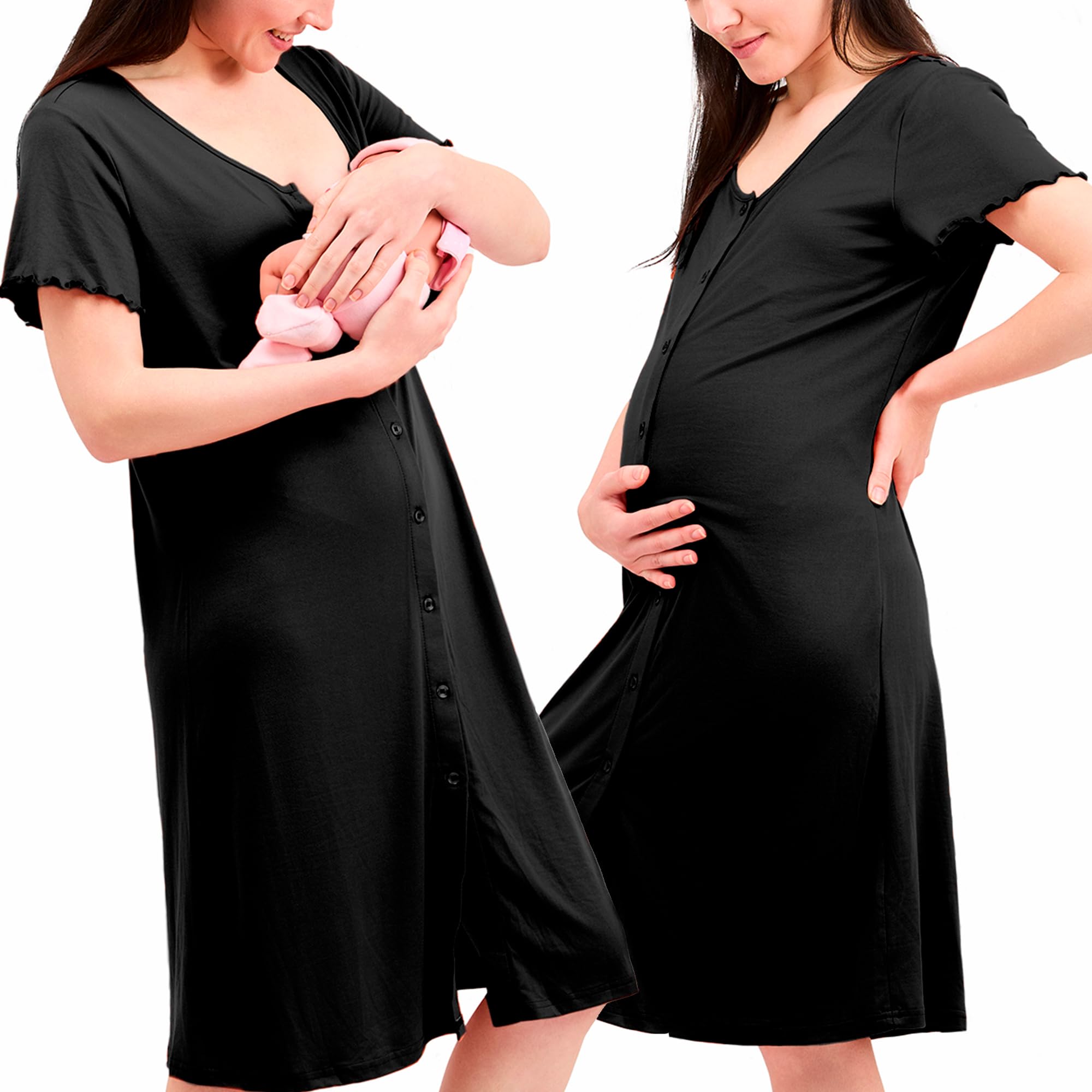 Chemise de Nuit Allaitement avec des Boutons, Chemise de Nuit Maternité, 3 en 1 Allaitement, Hôpital et Grossesse, Confort Maximal, Pyjama Allaitement Maternité