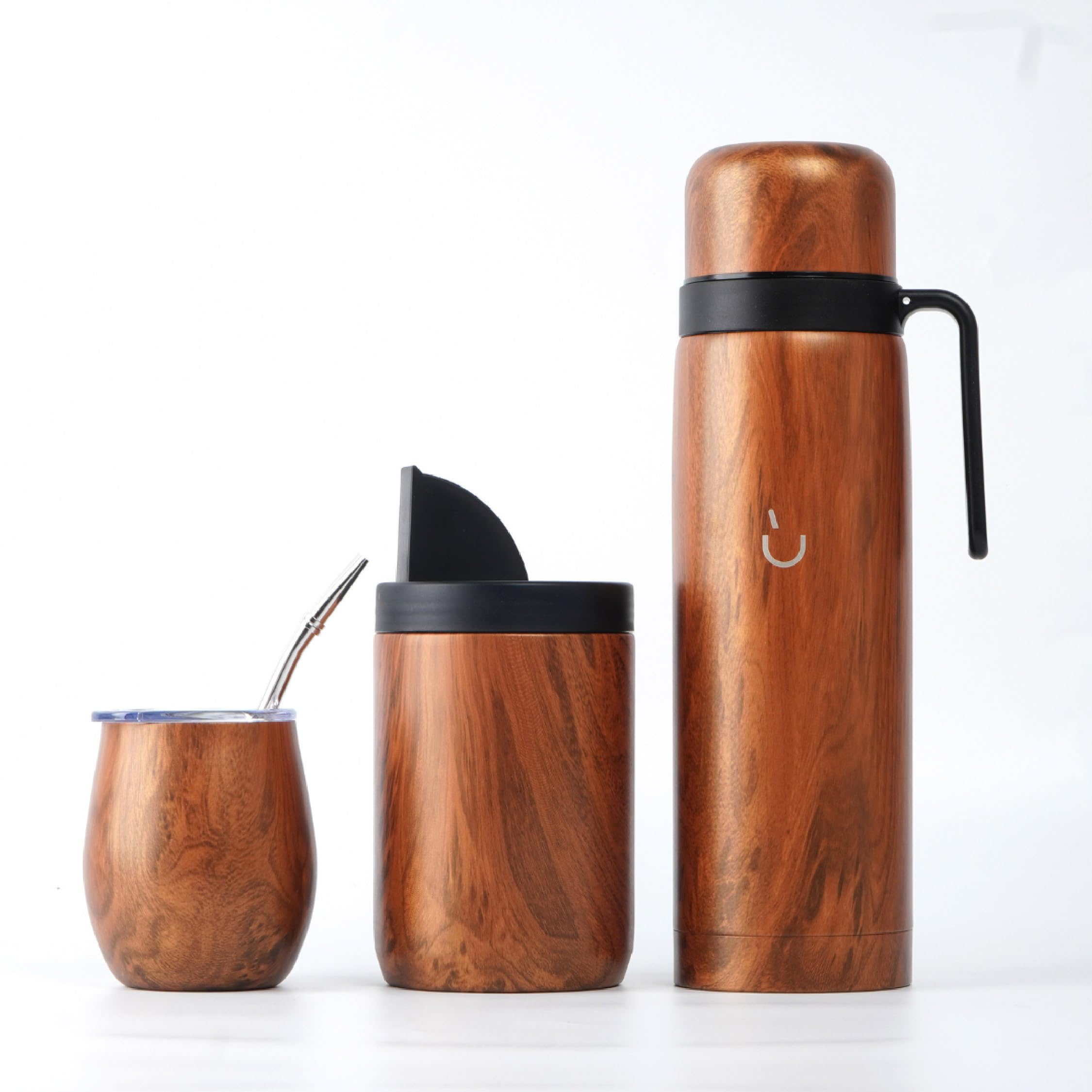 BALIBETOV Yerba Mate Tasse Set - Modern Yerba Mate Tasse, Thermos, Yerba Mate Conteneur (Yerbero), Bombilla (Mate Paille) et brosse de nettoyage - Acier inoxydable 304 18/8 (Bois)