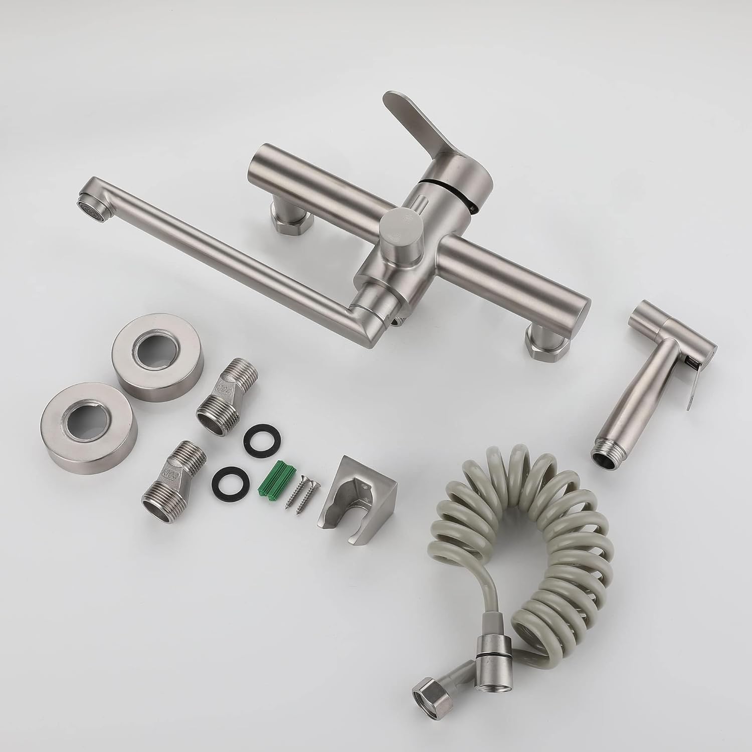 Wall Mount Kitchen Sink Faucet with Side Sprayer, Commercial Faucet, Nickel Brushed Unility Sink Faucet, Mixer Tap, 7.7-8.3 Inches Center, Spout Reach 9.2"