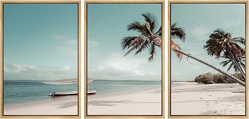 wall26 Lienzo enmarcado para pared, juego de arte de playa tropical con palmeras, paisaje costero sereno, fotografía, realismo, paisaje escénico,