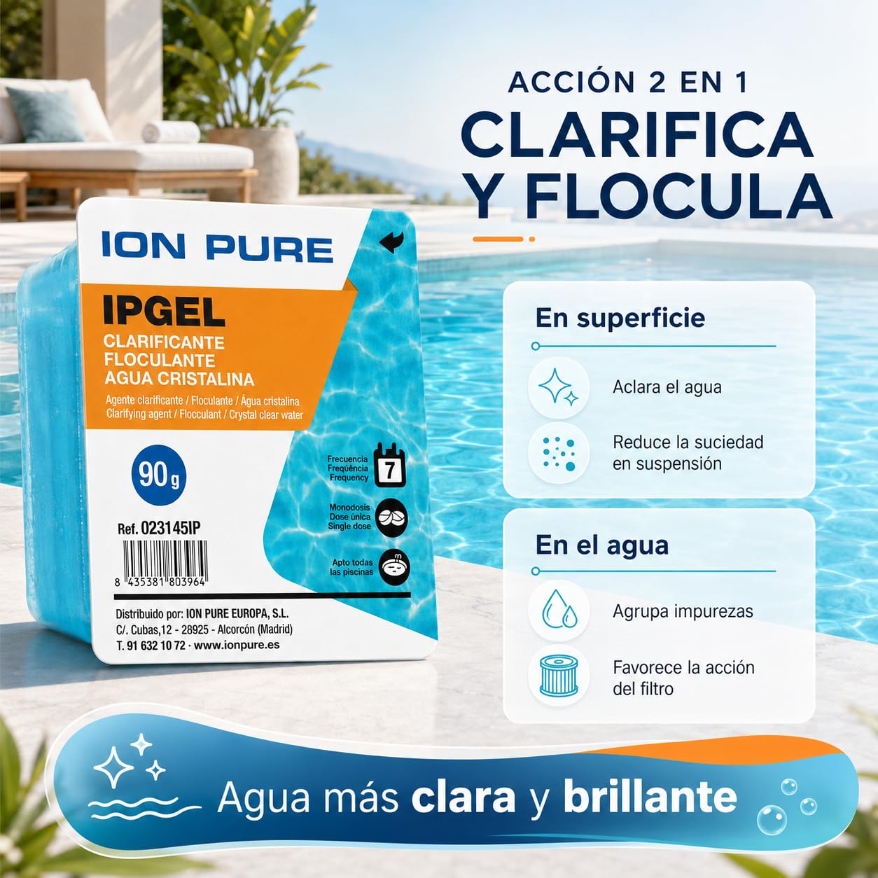 IPGEL Gel Floculante y Clarificante para Piscina, Monodosis de 90 g, Pack de 12 Unidades, Tratamiento Semanal, Apto para Todo Tipo de Piscinas