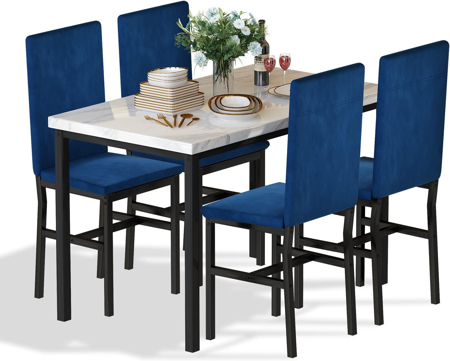 Hooseng Dining Table Set for 4- Space Saving Kitchen Table and Chairs for 4, Modern Style Faux Marble Tabletop & 4 Blue Velvet Chairs for Dining Room, Kitchen, Breakfast Corner Small Spaces, Blue