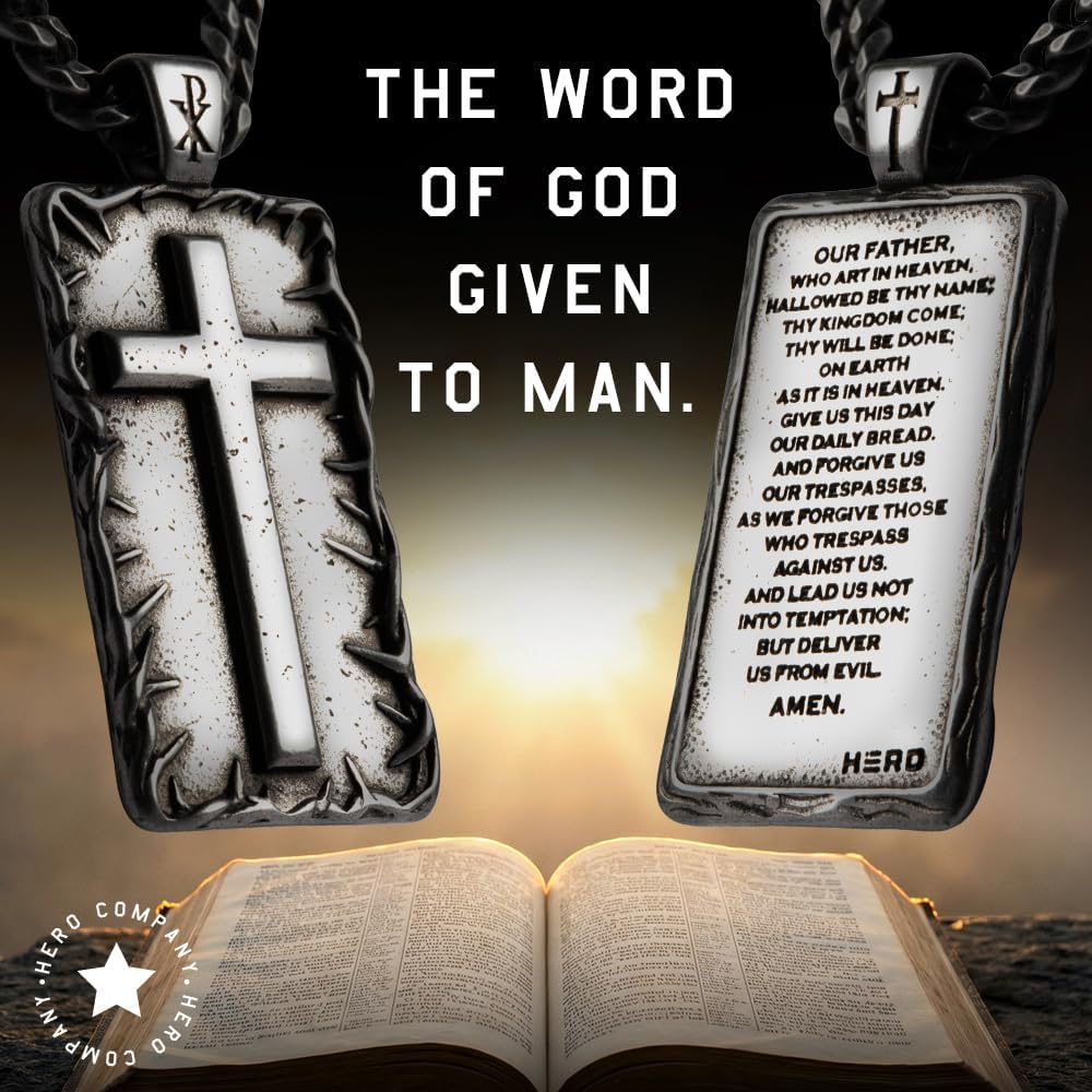 Hero Company Cross Necklace for Men - ‘The Lord’s Prayer Crown of Thorns’ Men’s Necklace - Helps Pair Veterans With A Service Dog Or Shelter Dog