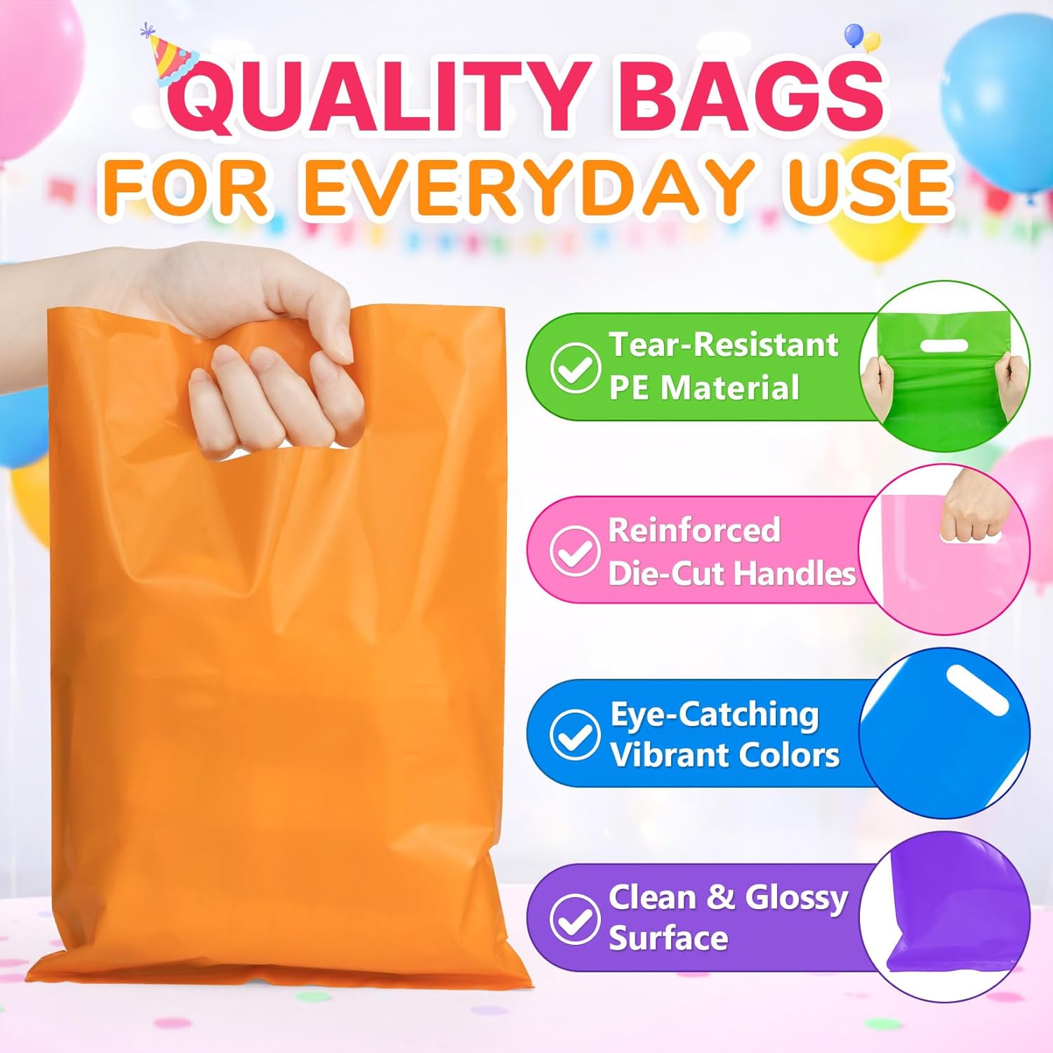 ANZNKU 50 PCS Multicolor Party Favor Bags 8"x11", Goodie Bag for Candy Book Jewelry Craft, Plastic Gift Bags with Die Cut Handles for Birthday, Valentine, Wedding, School Events & Small Business - Image 7