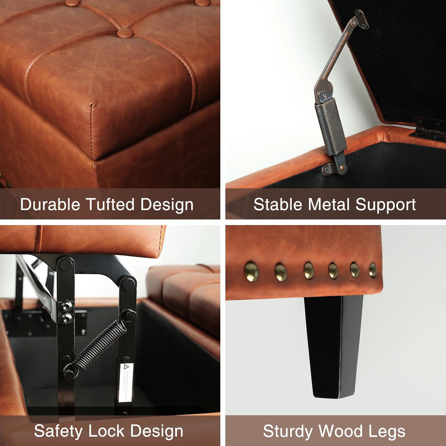 Square Leather Ottoman with Storage, Leather Coffee Table Ottoman with Lift Top, Large Upholstered Footrest Stool Toy Box Storage for Livingroom Bedroom, Brown Brown 31.5"D x 31.5"W x 17"H