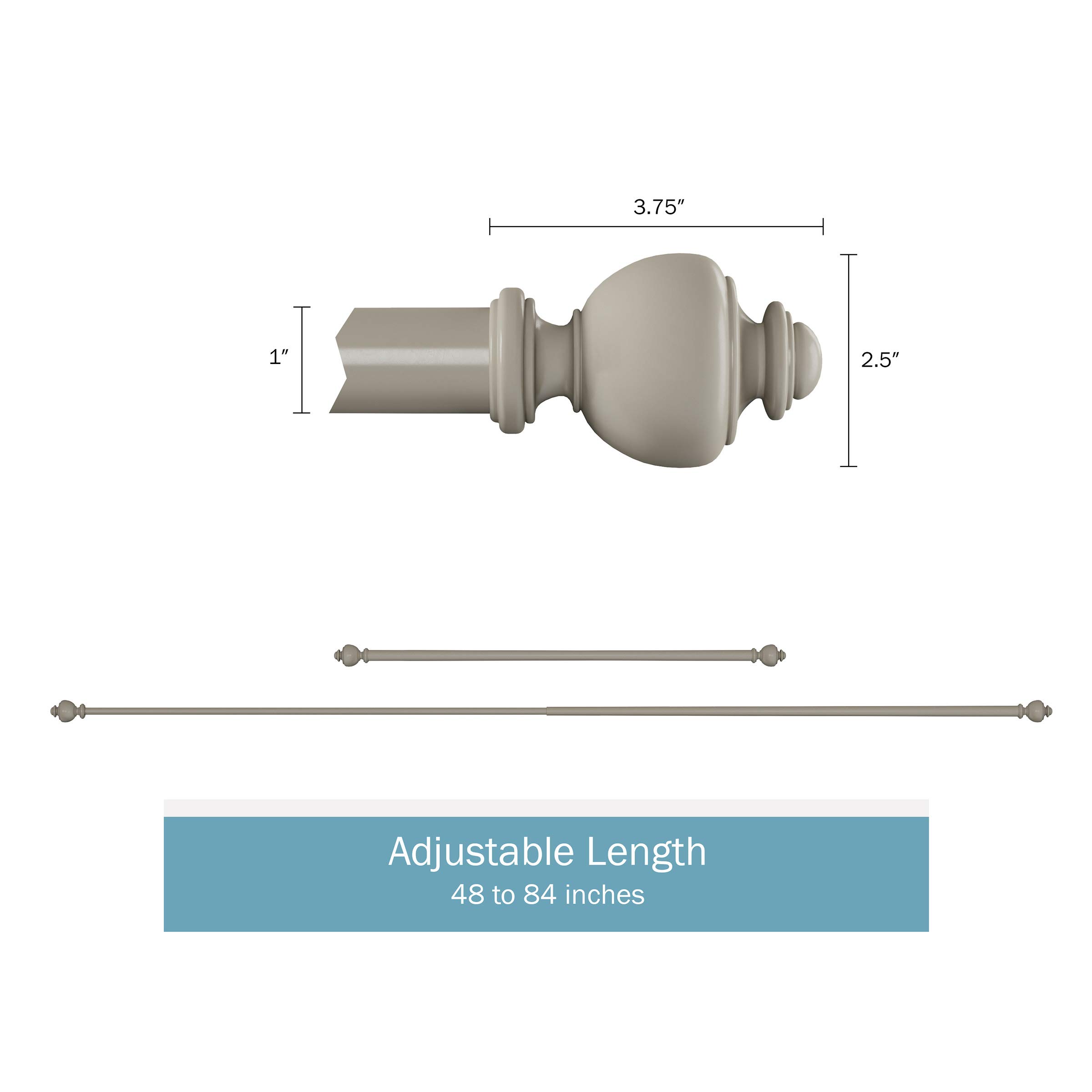 Lavish Home 1-Inch Curtain Rod - Decorative Modern Urn Finials & Hardware for Home Decor in Bedroom, Living Room & Kitchen - 48-84-Inch - Gray - Single Piece