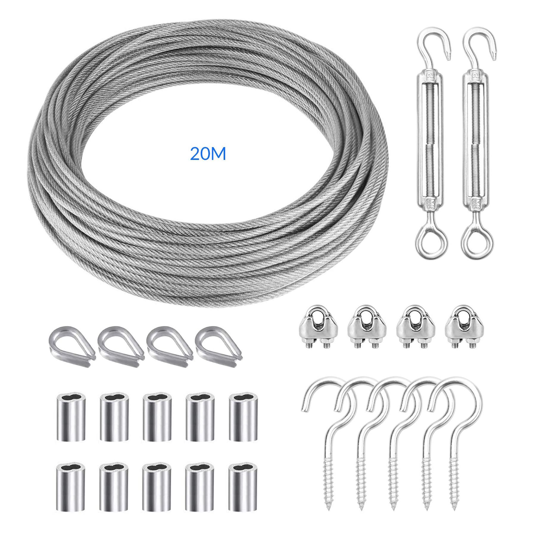20 m linka stalowa ze stali nierdzewnej, 2 mm, z powłoką PCW | aluminiowe tuleje aluminiowe zacisk 2 mm | linka druciana 2 mm | napinacz klamry napinającej M5 | Kausze do liny drucianej M2 |