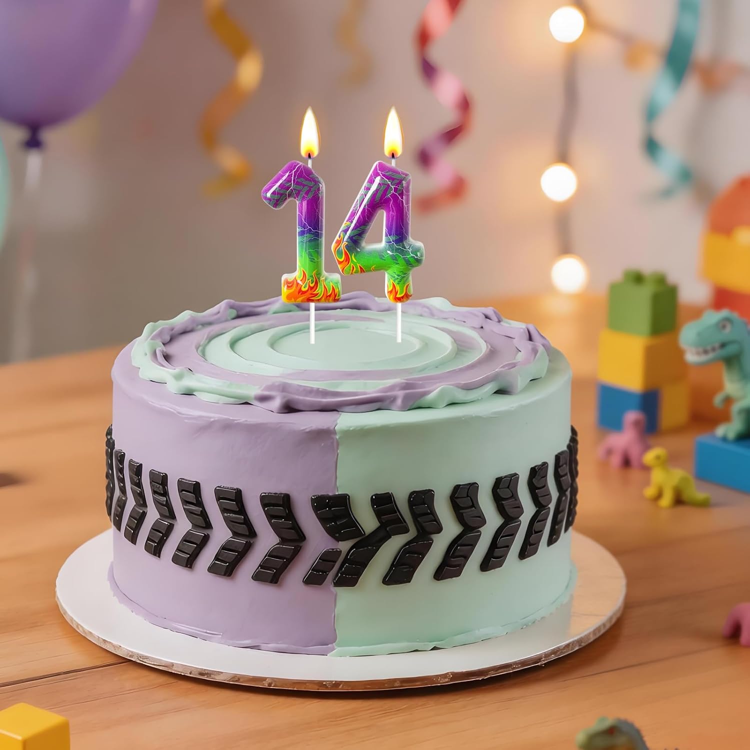 Number 4 Birthday Candle for Cake – Purple Green Flame Design with Lightning & Tire Track Pattern – Off-Road Truck Theme Cake Topper for Birthday Party Decoration