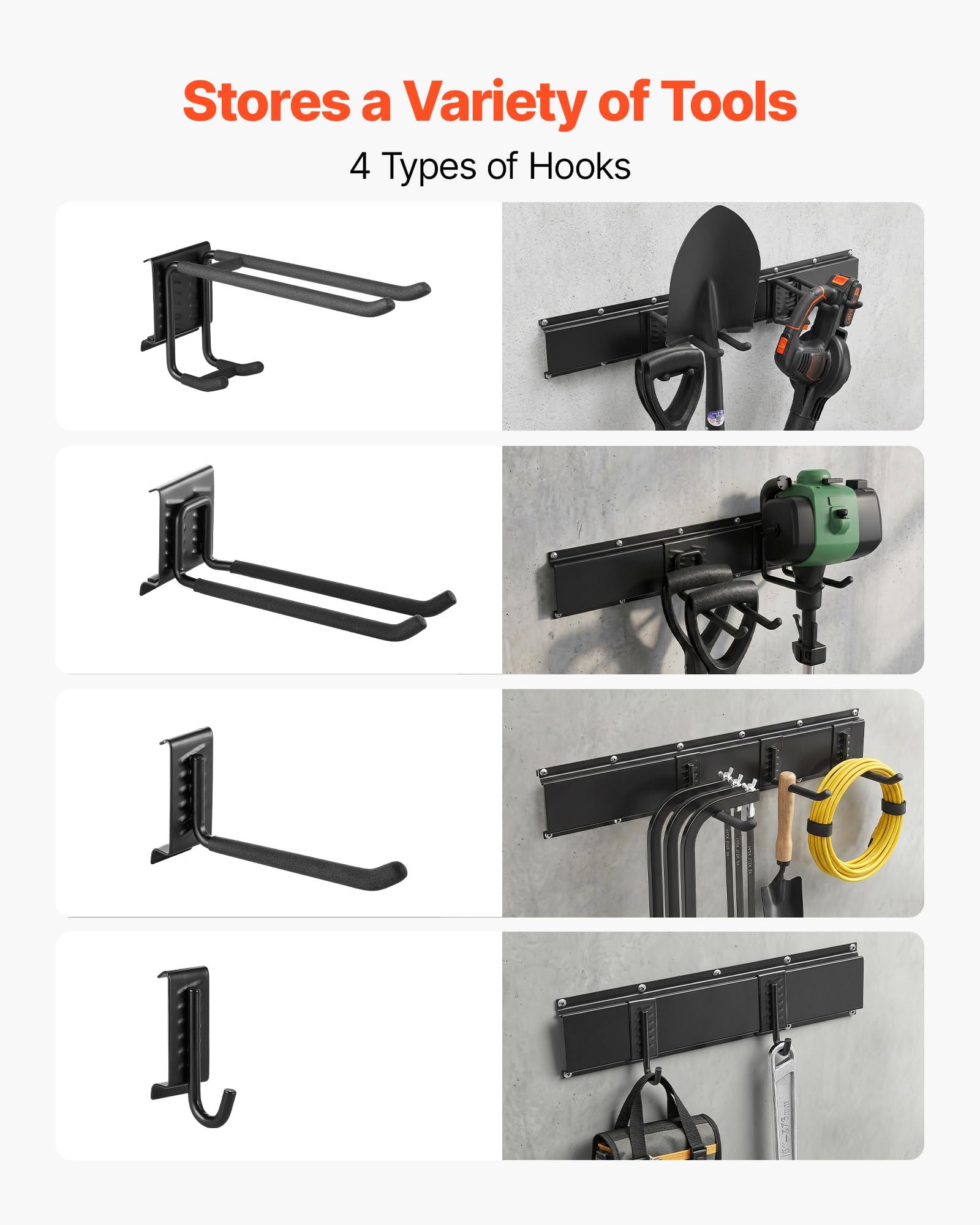 VEVOR Organizador de Herramientas de Pared Capacidad de 544kg en Total | Acero al Carbono Estante de Almacenamiento de Pared con 6 Rieles y 16 Ganchos Ajustables para Garaje Taller Jardín Cobertizo