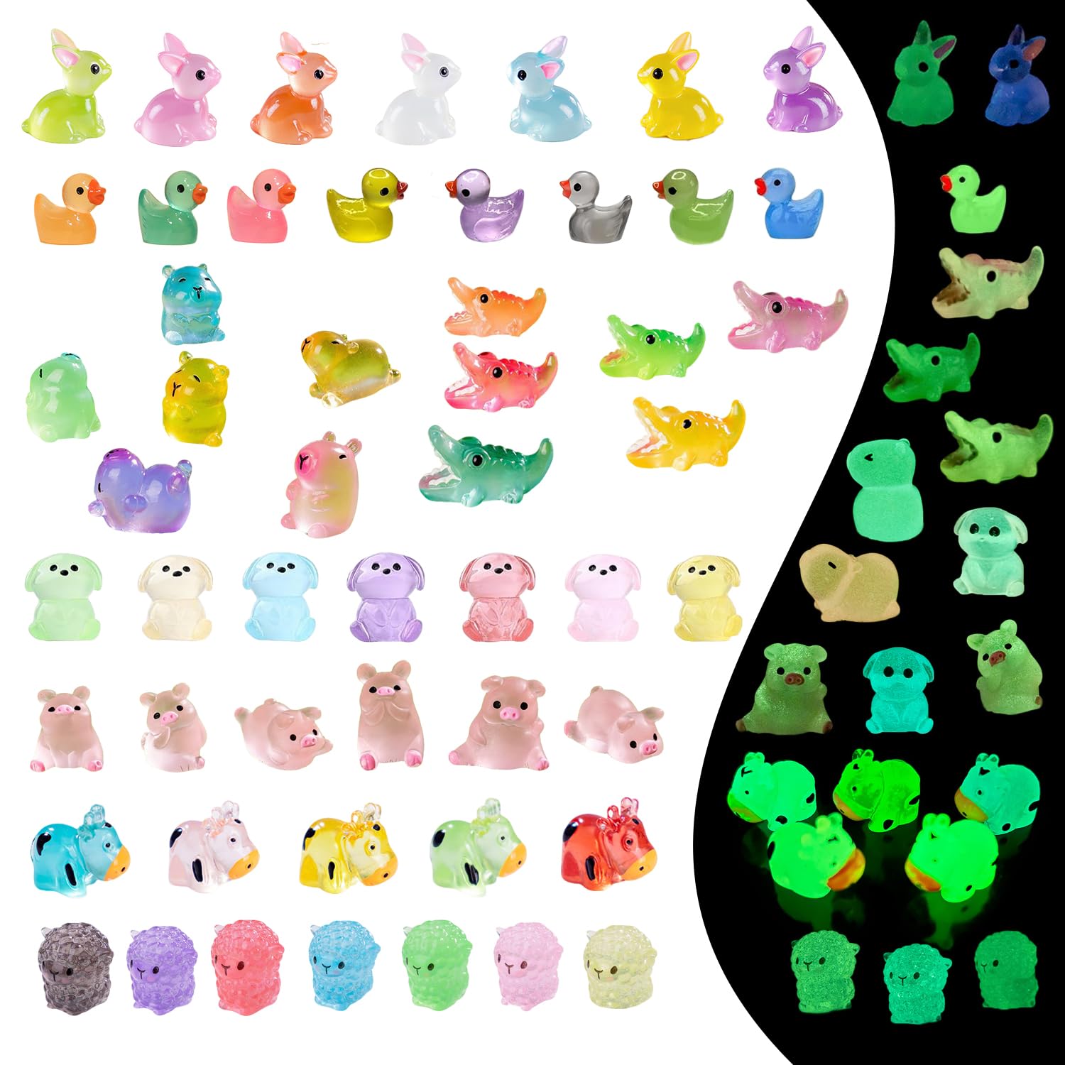 52pcs Mini Luminous Resin Animals,52 Styles Tiny Resin Animals Glow In The Dark Miniature Little Small Animal Figures for Micro Fairy Garden Landscape Accessories Dollhouse Hide Crafts Aquarium Decor
