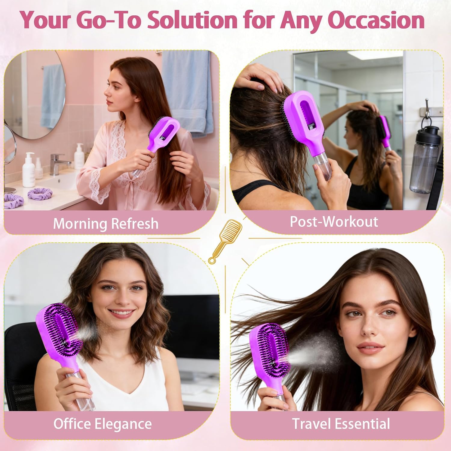 Hair Brush with Water Spray Mister - 2-in-1 Detangling Brush with Built-in Fine Mist, Portable Wet & Dry Styling Tool for Smooth, Frizz-Free Hair - Quick Refresh for Women & Girls On-The-Go(1 Purple)