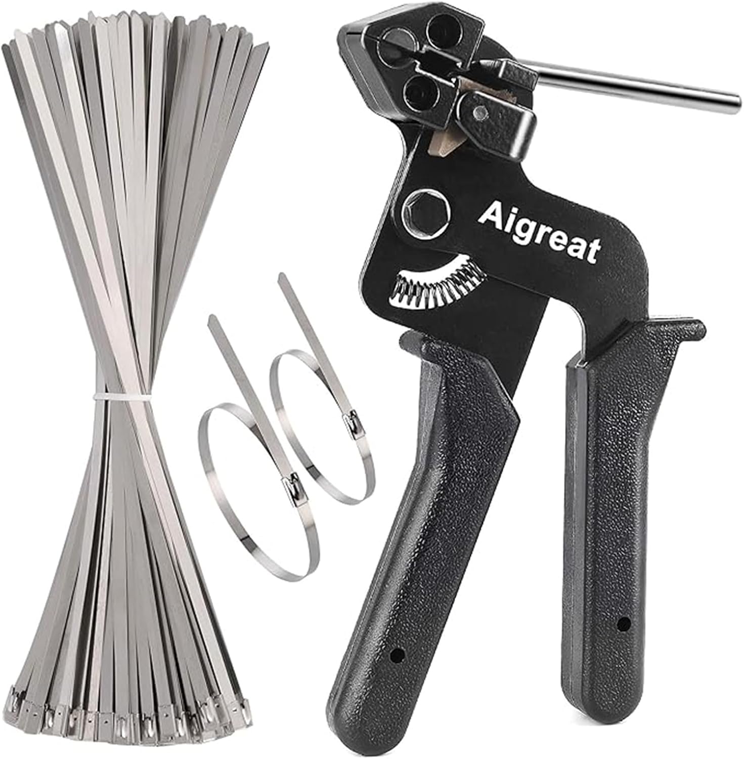 200PCS Metal tie wrap gun Kit, Aigreat Stainless Steel Cable Tie Gun Adjustable Tensioning and Cutting Tool with 200pcs 304 Self-Locking Stainless Steel Cable Ties of sizes 4.6x270mm