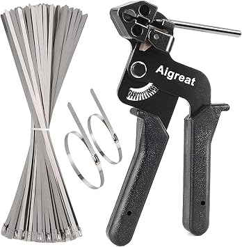 200PCS Metal tie wrap gun Kit, Aigreat Stainless Steel Cable Tie Gun Adjustable Tensioning and Cutting Tool with 200pcs 304 Self-Locking Stainless Steel Cable Ties of sizes 4.6x270mm