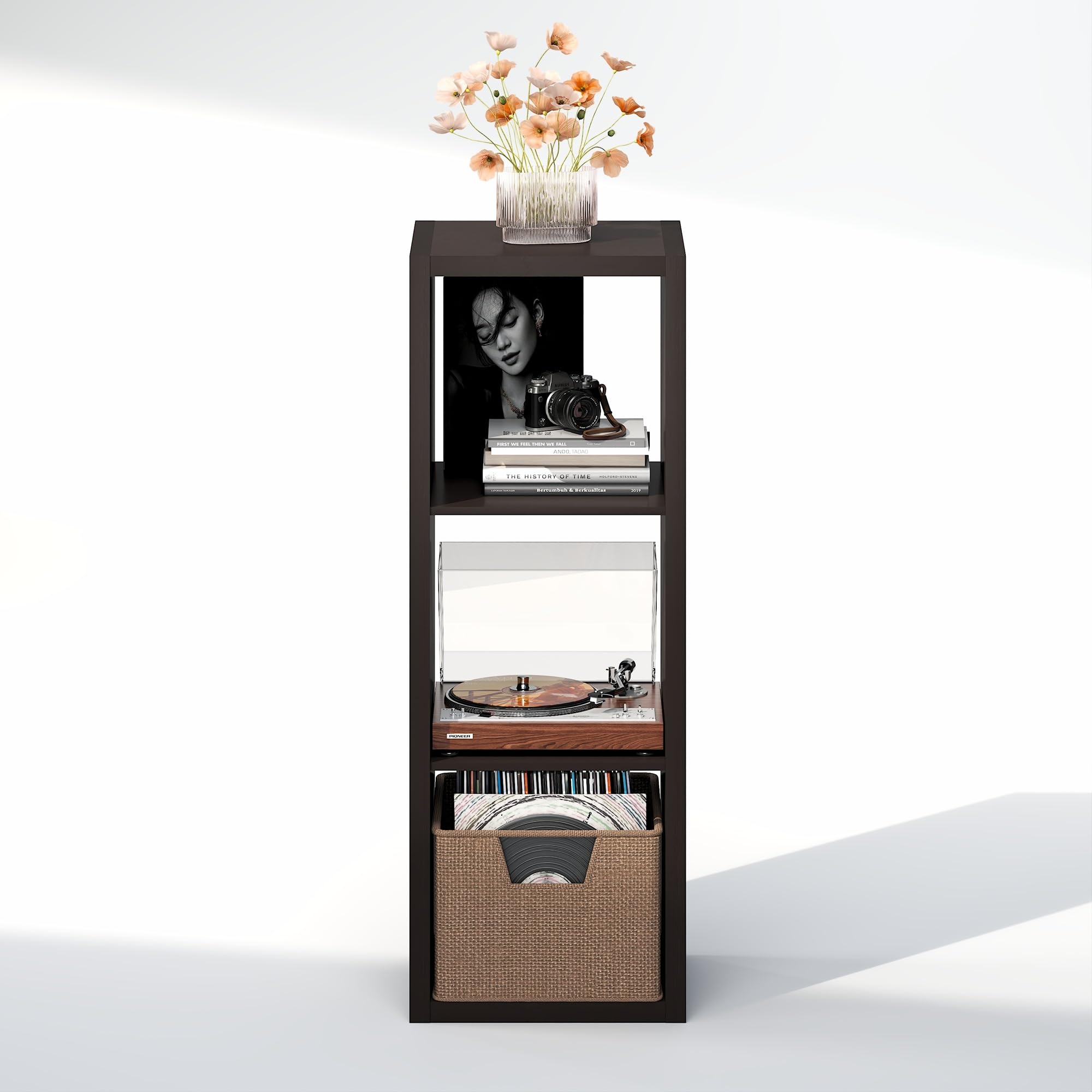 Furinno CUBICLE Mobile per Giradischi con Raccoglitore per Vinili, 3-Cube 1.2 Extra Spesso Raccoglitore per Dischi in Vinile, Scaffale Multimediale per CD DVD Dischi, Rovere Scuro Nero