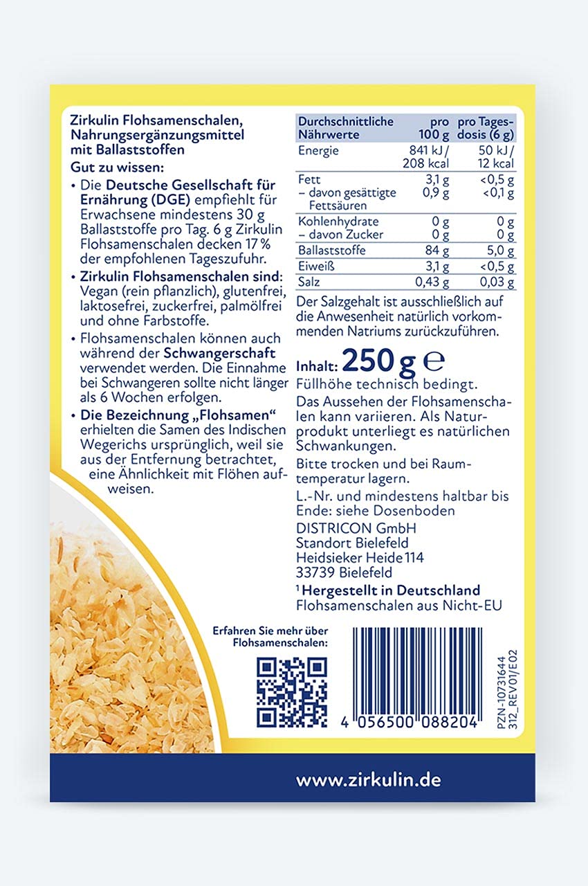 Zirkulin Flohsamenschalen, reich an hochwertigen Ballaststoffen, vegan, glutenfrei geschmacksneutrales Nahrungsergänzungsmittel zur Unterstützung der natürlichen Verdauung, (6 x 250g)