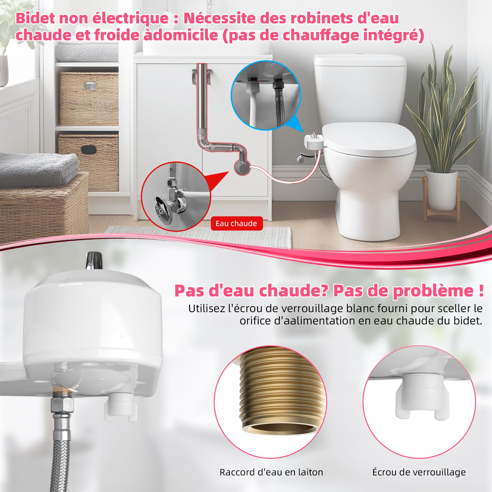 Hibbent Pulverisateur de Siège de Toilette pour Bidet Autonettoyant avec Double Buse Jet d'Eau Chaude et Froide Té Fourni et Le Long Flexible (Recoupable)