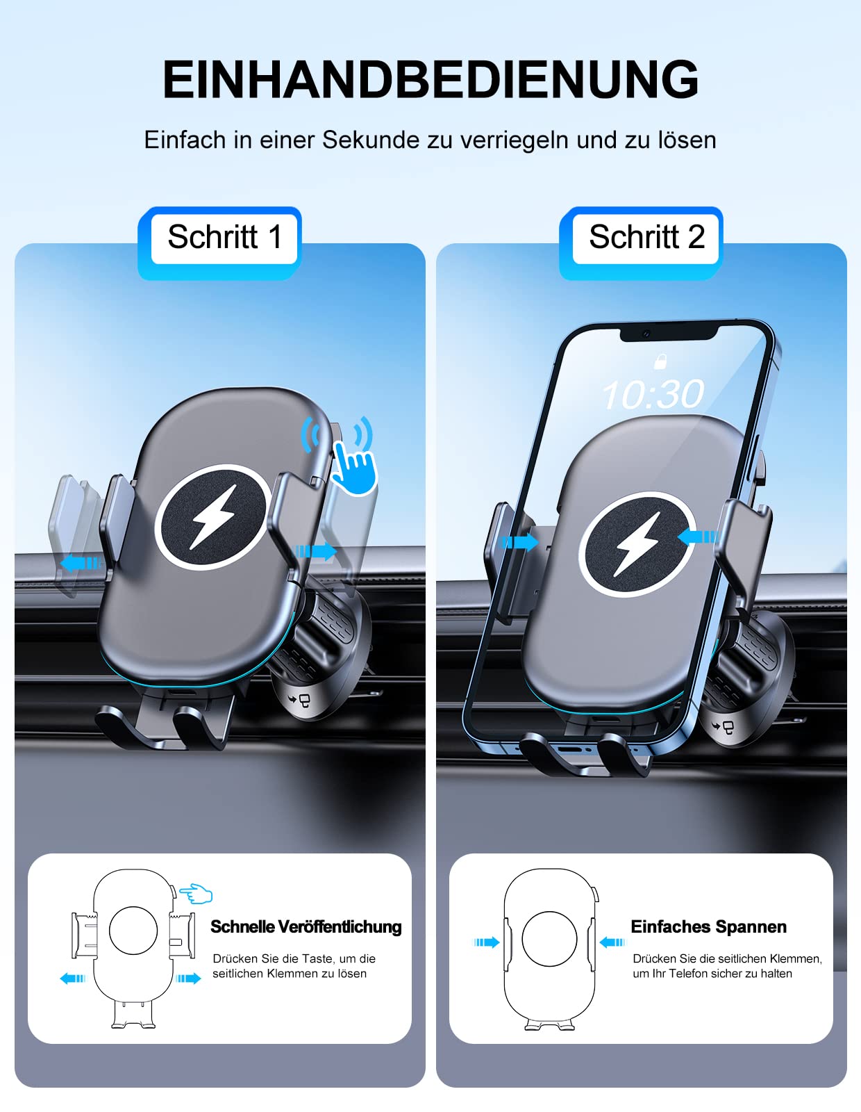Mohard Handyhalterung Auto Mit Ladefunktion, Max 15W Fast Qi Wireless Charger, 360° Drehung & Rutschen und Fallen Nie Kfz Induktive Ladestation für 5,4"-7" Telefon (QC3.0 Autoladegerät Inklusive)