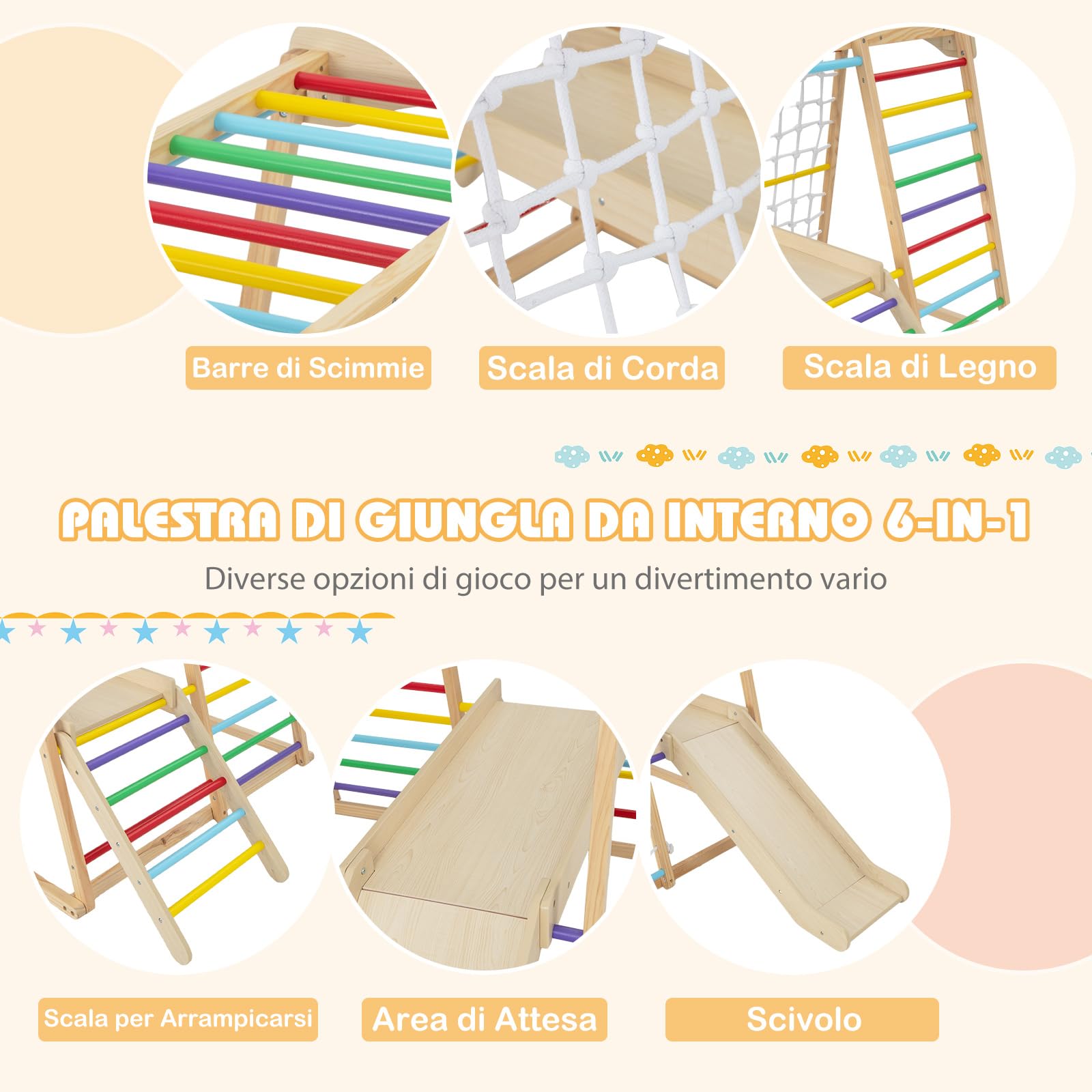 COSTWAY 6 in 1 Set Arrampicata per Bambini, Palestra in Legno con Barre di Scimmia Scivolo Corda e Scale in Legno, Parco Giochi per Bambini 1+ Anni (Colorato)