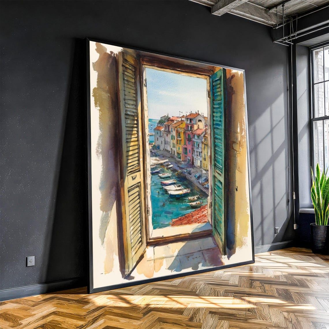 XINBAO Watercolor Window View Wall Art - Mediterranean Coastal Canvas Print - Colorful Harbor Scene - Seaside Decor Painting(70x70cm/Frameless)